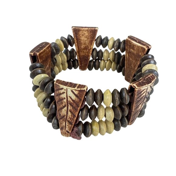 Tribal Style Stretch Bracelet Carved Wood Beads Natural Earth Tone Boho Chunky - Picture 4 of 7